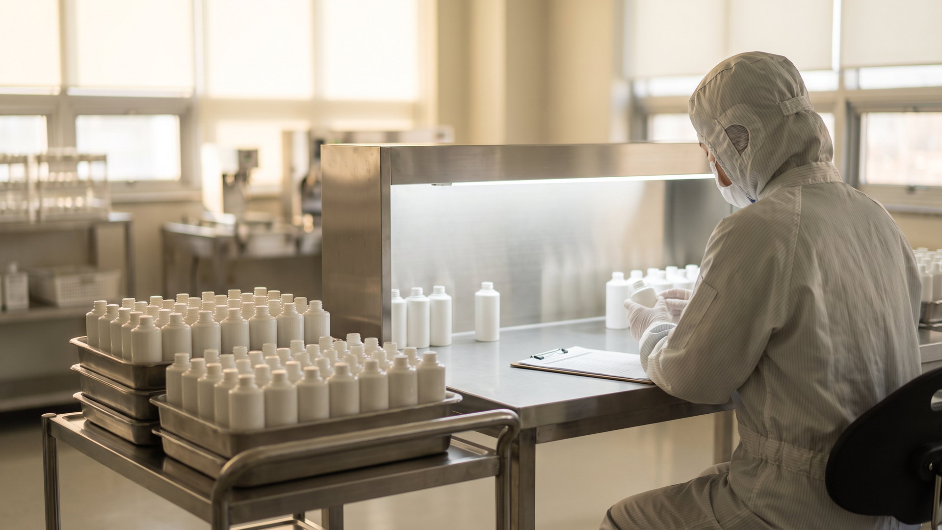 China-based quality inspector checking white cosmetic bottles against a checklist at a light table