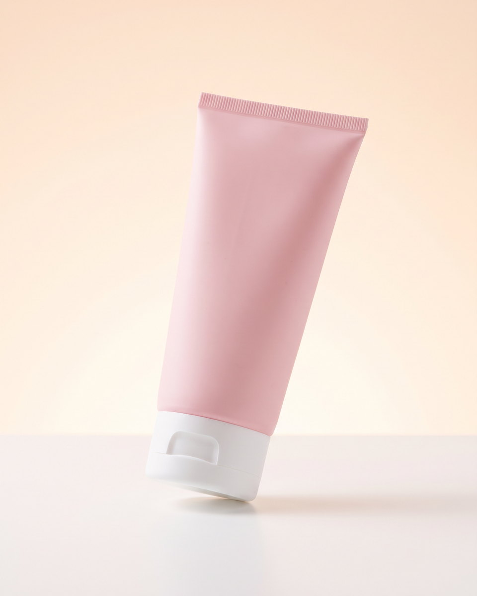 tubo cosmético rosa suave con tapa flip-top blanca
