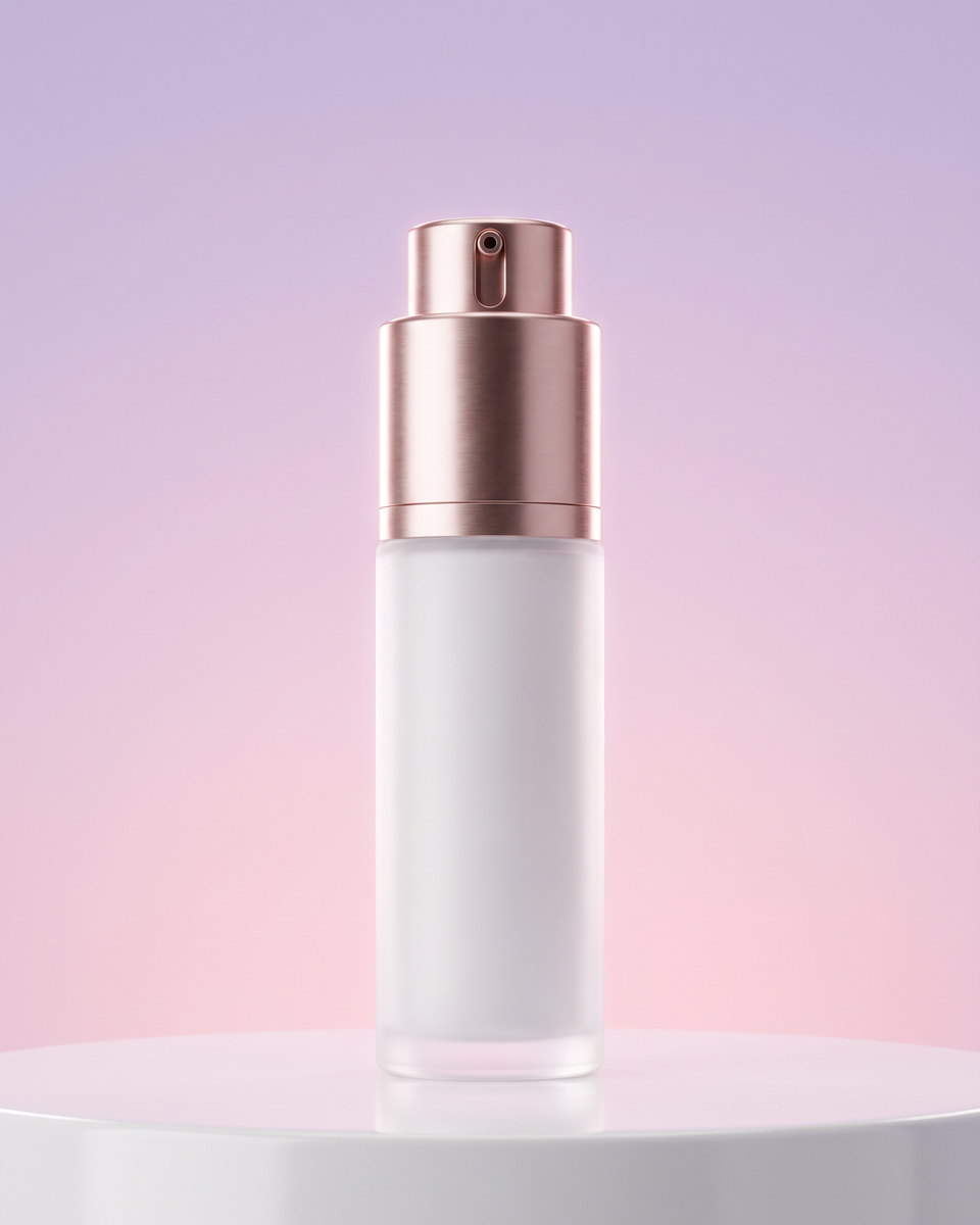 envase airless blanco con aro oro rosa sobre pedestal