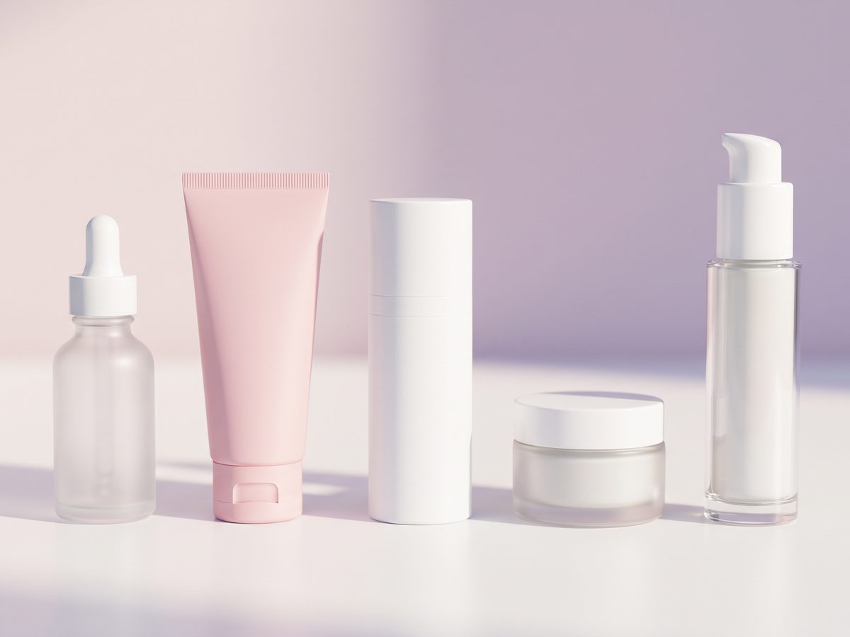 muestras de envases cosméticos que representan la red de fabricación de Corea y China