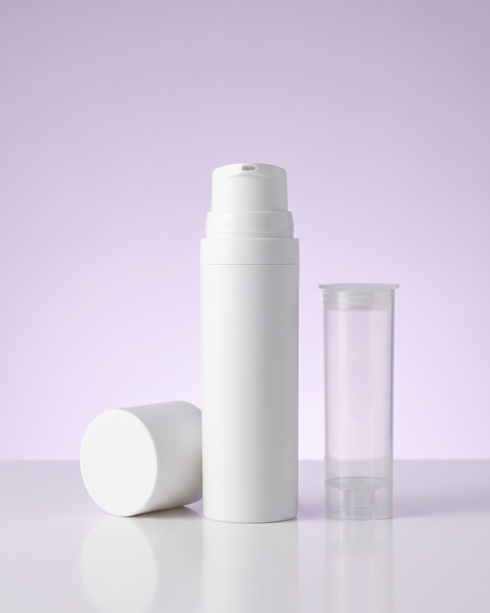 عبوة Airless بيضاء بمضخة مع غطائها الشفاف والمكبس الداخلي