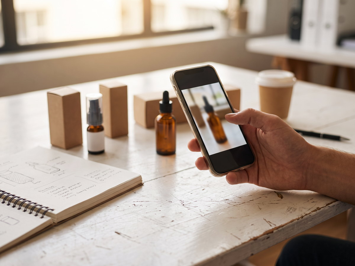 buyer photographing cosmetic packaging reference with smartphone