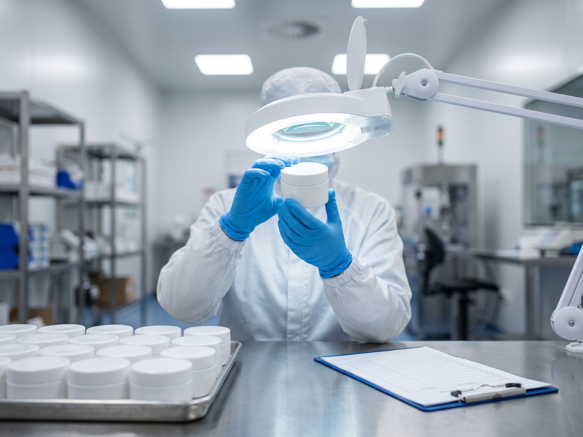 China-based quality inspector checking cosmetic packaging under a magnifier lamp