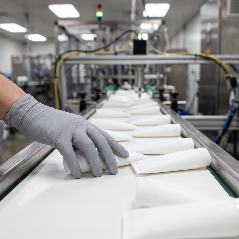 gloved inspector checking cosmetic bottles on a conveyor at a partner manufacturer