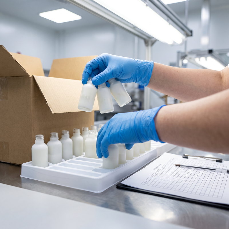gloved inspector picking cosmetic bottles from a tray for AQL sampling