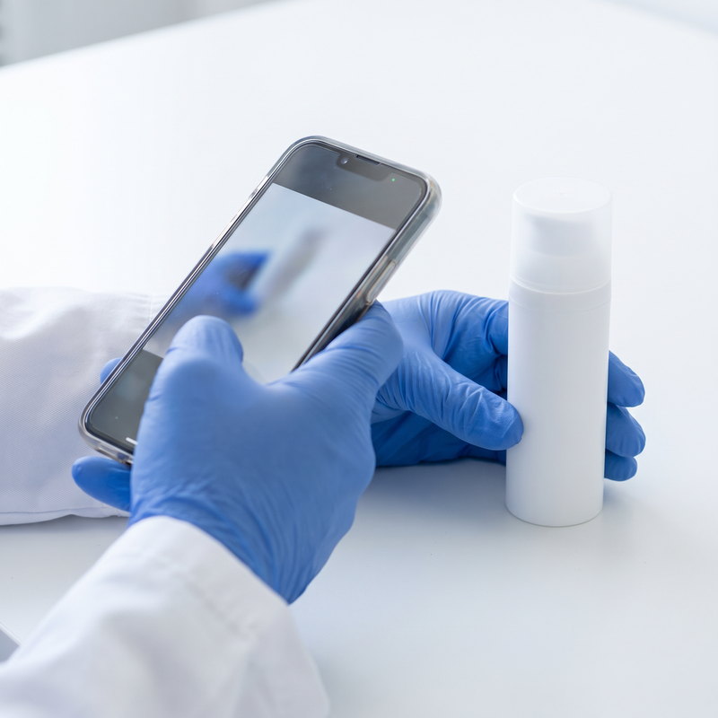 gloved inspector photographing a finished cosmetic bottle for the QC report