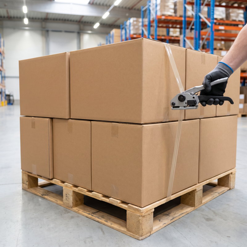 shrink-wrapped export cartons of cosmetic packaging stacked on a wooden pallet