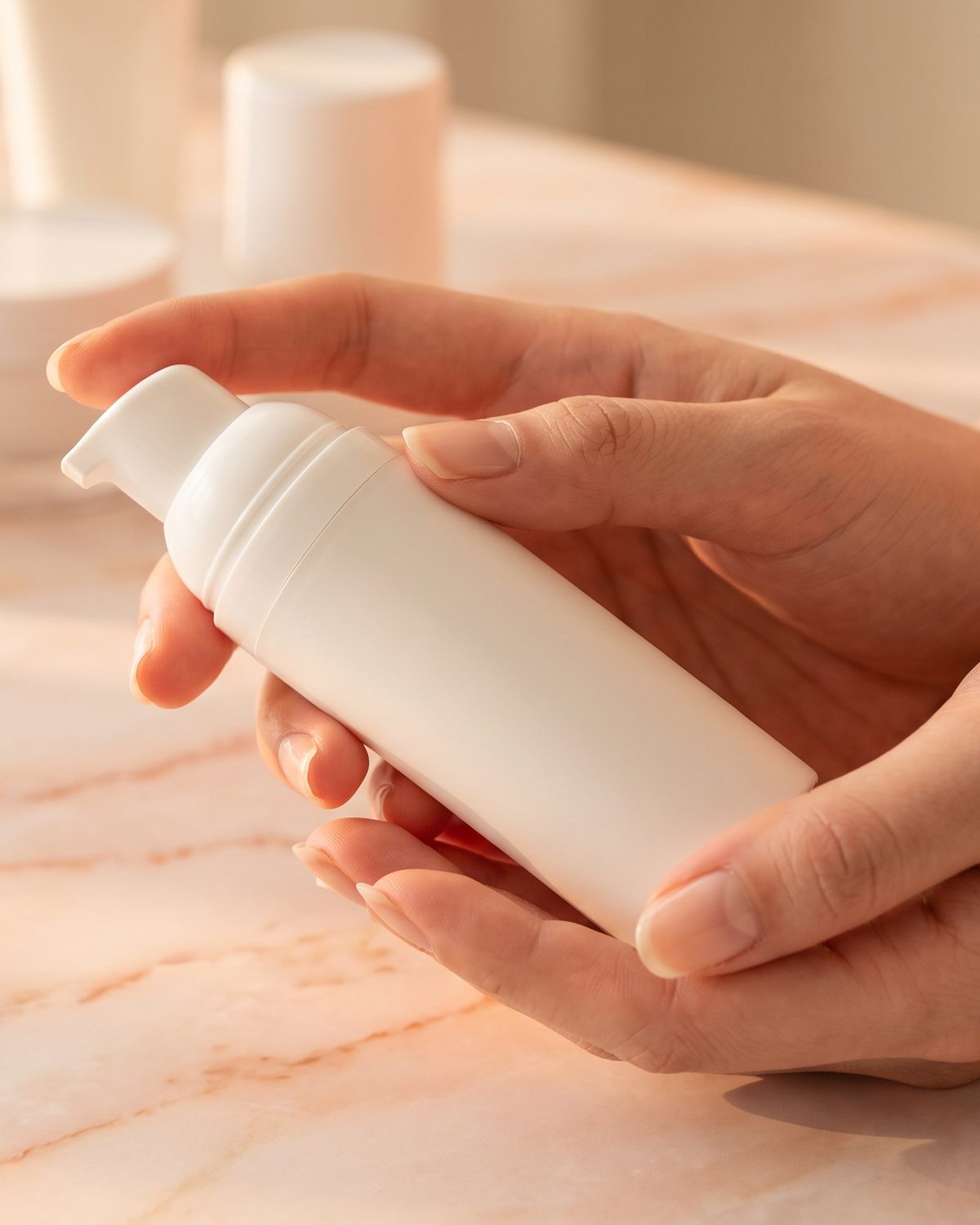 มือกำลังถือขวดปั๊ม Airless สีขาวข้างตัวอย่างบรรจุภัณฑ์เครื่องสำอาง