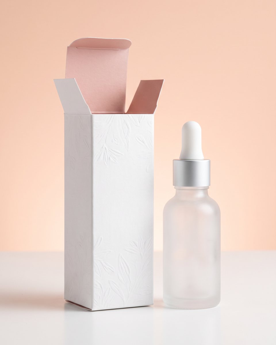 estuche plegable blanco junto a frasco de vidrio con cuentagotas